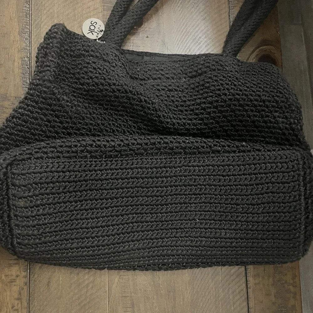 The Sak Purse‎ Hobo Crochet Woven Shoulder Bag Black Double Strap Zip Logo FOB